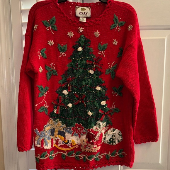 Tiara Sweaters - Tiara Red Sweater with Tree & Festive Accents small